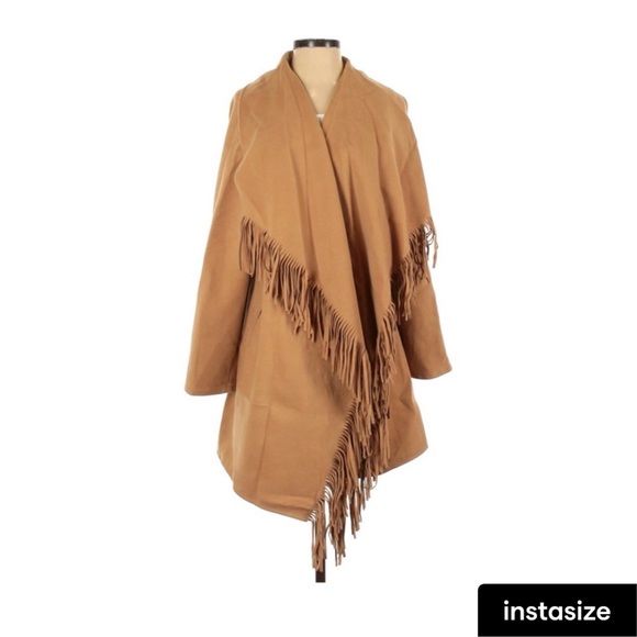 LIKE NEW | J.O.A. Los Angeles | Camel Fringed Long Line Coat/Cape | S - Picture 4 of 10